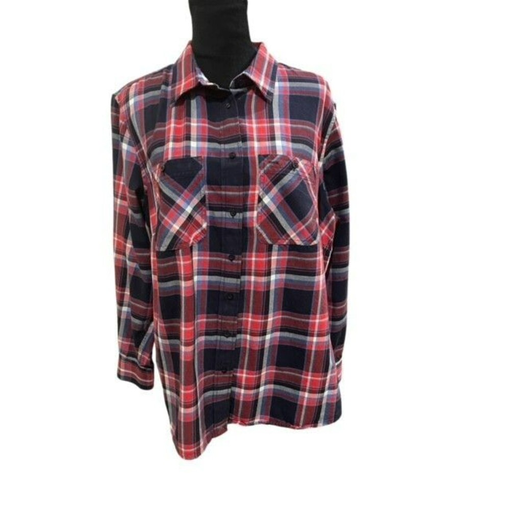 Lauren Ralph Lauren Womens Blouse Size 2X Blue Red Plaid Long Sleeves Buttonup